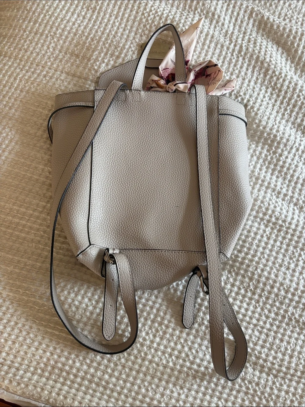 Steve Madden Pebbled Taupe Convertible Backpack Tote with Floral Scarf
